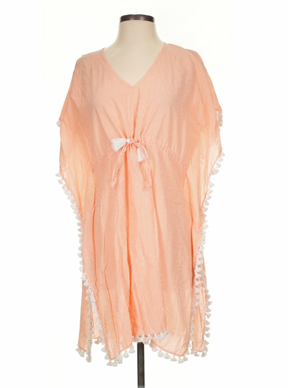 Tory Burch Peach Striped Pom-Pom Caftan Cover-Up #0068